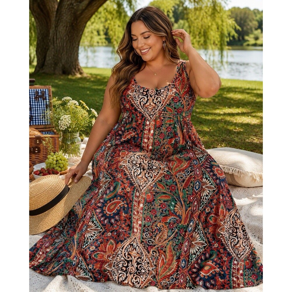 Unbranded Plus Size 5XL Boho Paisley Comfort Dress Colorful Stretch Flowy Long